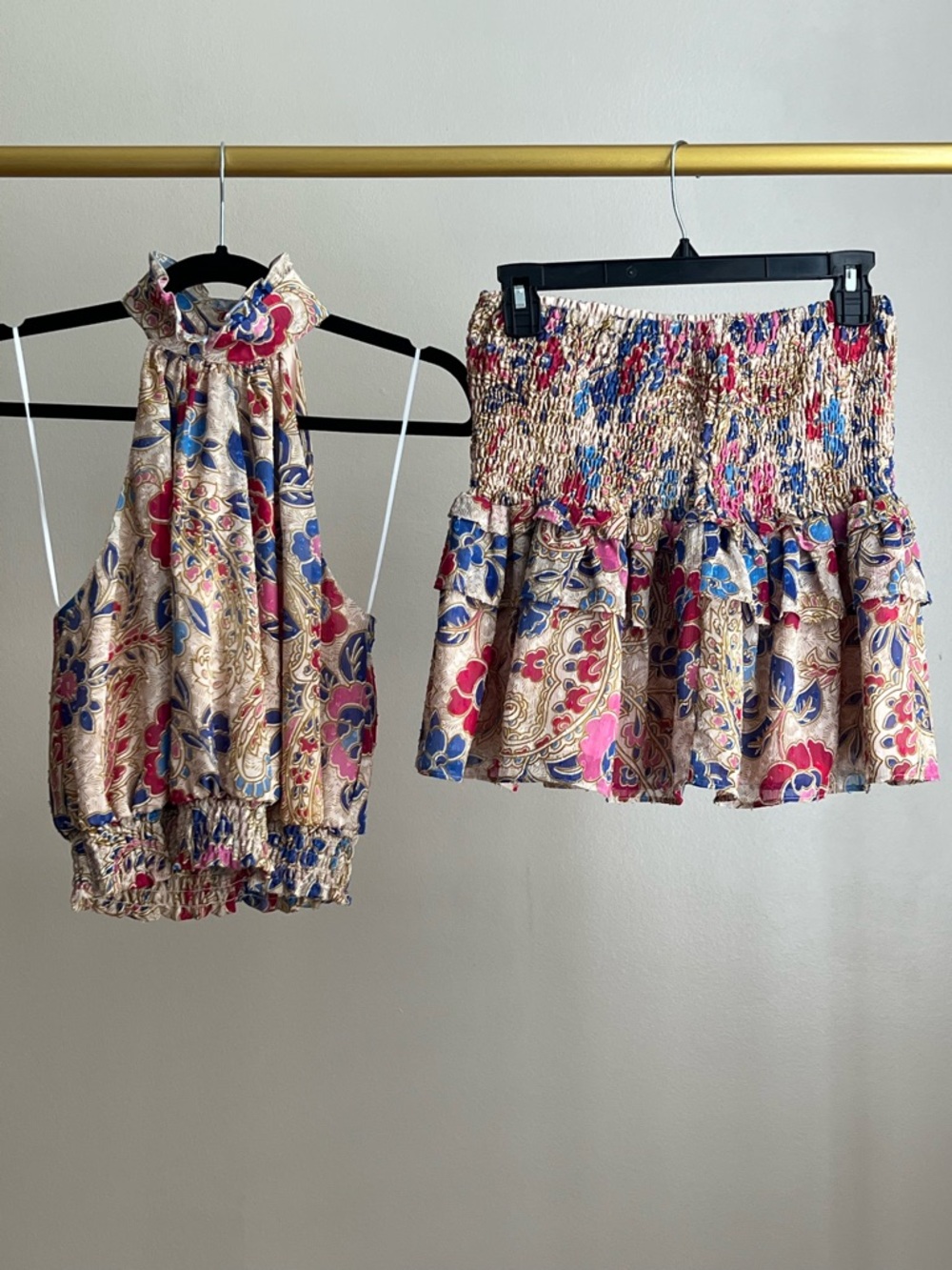 Lavender Brown Set - Paisley Floral Halter Top & Smocked Mini Skirt Pink & Blue